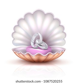 Vector luxury silver wedding, marriage rings on realistic seashell. Marry me concept vector illustration