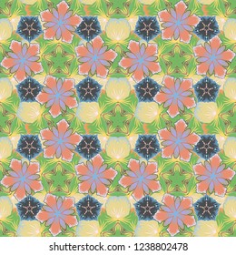 Vector luxury sketch with orange, green and yellow elements. Glitter seamless pattern.