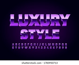 Vector Luxury Style Violet Font. Purple Metallic Alphabet. 3D Glossy Letters and Numbers set