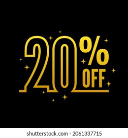 Vector luxury tag with discount of 20 percent off the price. Sale on black background with gold sparks. 
