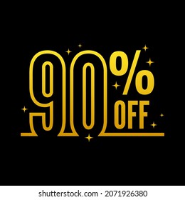 Vector luxury tag with discount of 90 percent off the price. Sale on black background with gold sparks. 