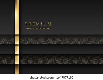 Vector luxury tech background. Stack of black paper material layer with gold stripe and golden geometric pattern. Premium design.