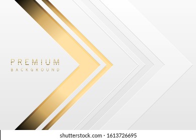 Vector luxury tech background. White paper material layer with gold stripe. Arrow golden shape premium light wallpaper
