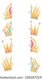 Vector luxury template of childish educational game. Connect the halves of royal crowns. Find the correct half of the illustration of princess tiaras. Printable template