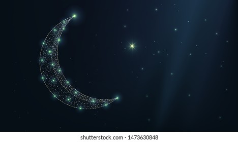 Vector luxury turkey moon and star on a night sky. Abstract low polygonal wireframe particles dark background. Design art for holiday muslim islamic and arabic ramadan kurban bayram illustration