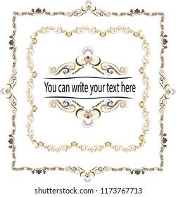 Vector luxury vintage decorative frame with colorful and golden borders, perfect for scrapbook decorations of cards.Looks like baroque, gothic, vectorian magnificent antique, ancient ornament elements