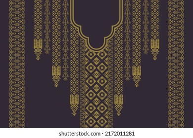 Vector luxury vintage gold color ethnic geometric shape neck embroidery pattern design with border on black background. Elegant tribal art fashion for shirts.