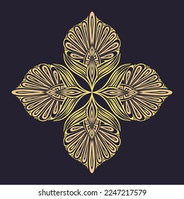 Vector luxury vintage mandala illustration. Clip art tracery yellow flower damask ornament on a dark background. Floral rococo decorated card for banner and invitation