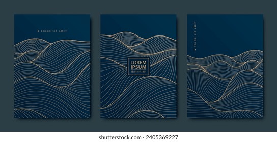 Patrón de onda de lujo vectorial, diseño abstracto de arte dorado y negro. Textura sofisticada de arte deco, tarjetas líquidas, océano, mar, río, paisaje montañoso