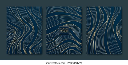 Patrones de ondas lujosas vectoriales, diseño abstracto de arte dorado y negro. Textura de diseño Art Deco, tarjetas líquidas, folletos de flujo. 