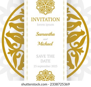 Vector luxury wedding invitation with mandala. Golden vintage greeting card on a white background. Vector abstract design elements. Great for invitation and greeting cards, packaging, flyer, wallpaper