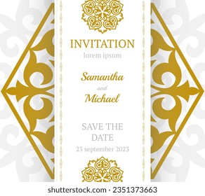 Vector luxury wedding invitation with mandala. Golden vintage greeting card on a white background. Vector abstract design elements. Great for invitation and greeting cards, packaging, flyer, wallpaper