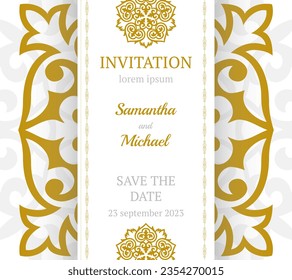 Vector luxury wedding invitation with mandala. Golden vintage greeting card on a white background. Vector abstract design elements. Great for invitation and greeting cards, packaging, flyer, wallpaper