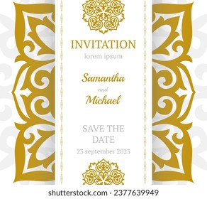 Vektor Luxus Hochzeit Einladung mit mandala. Goldene Vintage-Grußkarte auf weißem Hintergrund. Abstrakte Vektordesign-Elemente. Ideal für Einladung und Grußkarten, Verpackung, Flyer, Tapete
