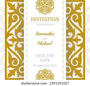 Invitación de bodas de lujo vectorial con mandala. Tarjeta de saludo dorada vintage sobre fondo blanco. Elementos de diseño abstracto vectorial. Ideal para tarjetas de invitación y saludo, embalaje, volante, papel tapiz