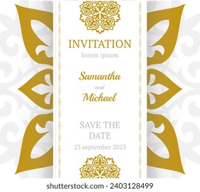 Vector luxury wedding invitation with mandala. Golden vintage greeting card on a white background. Vector abstract design elements. Flyer, wallpaper