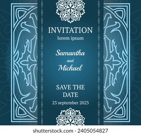 Vector luxury wedding invitation with mandala. Blue vintage greeting card on a white background. Vector abstract design elements. Flyer, wallpaper