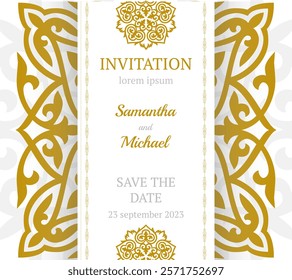 Vector luxury wedding invitation with mandala. Golden vintage greeting card on a white background. Vector abstract design elements. Great for invitation and greeting cards, packaging, flyer, wallpaper