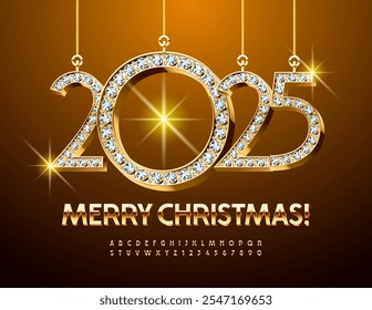 Vector luxury Wish Card Merry Christmas 2025 with Brilliant Toys! Modern Golden 3D Font. Chic set of Alphabet Letters and Numbers.