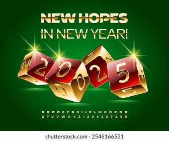 Vector luxury Wish Card New Hopes in New Year 2025! Elite Gold Font. Premium style Alphabet Letters and Numbers set.