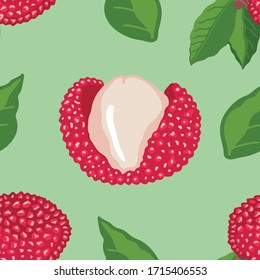 
Vector lychee tropical fruit seamless pattern. Ripe lychee fruits, slices, juicy pulp, lychee bone vector pattern for printing on textile, paper, packaging, wallpaper.