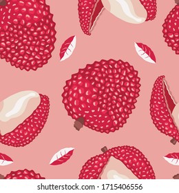 
Vector lychee tropical fruit seamless pattern. Ripe lychee fruits, slices, juicy pulp, lychee bone vector pattern for printing on textile, paper, packaging, wallpaper.