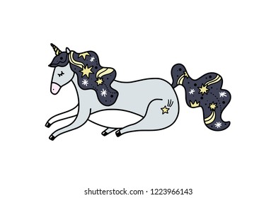 Vector lying night unicorn art. Poster and banner element, children's book illustration, postcard, gift card, print for t-shirt and more, sticker, label and other. Isolated on white background.
