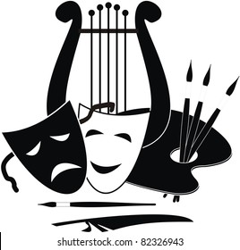 Vector Lyre, palette and masks - symbols of music. arts and theater -  isolated black illustration on white background.