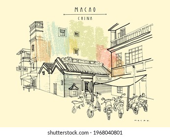 Vector Macao postcard. Chinese Kuan Tai (Sam Kai Vui Kun) temple. Old town historical center. Macau (Macao), China, Asia. Artistic drawing. Asian travel sketch. Vintage hand drawn postcard, poster