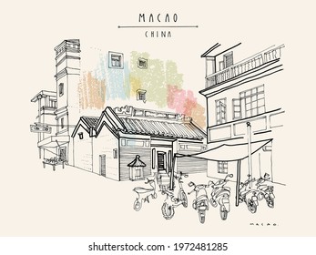 Vector Macao postcard. Chinese Kuan Tai (Sam Kai Vui Kun) temple. Old town historical center. Macau (Macao), China, Asia. Artistic drawing. Asian travel sketch. Vintage hand drawn postcard, poster