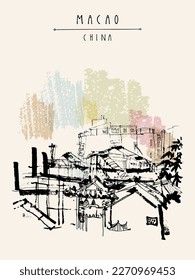 Vector Macao postcard. Old Chinese houses of Macau, China, Asia, famous gambling center. Traditional Chinese village roofing. Ancient Chinese architecture. Travel sketch. Vintage hand drawn poster