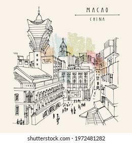 Vector Macao postcard. Upper view of old town. Macau (Macao), China, Asia is a gambling capital. Traditional Portuguese buildings, skyscrapers, casinos. Vintage hand drawn postcard