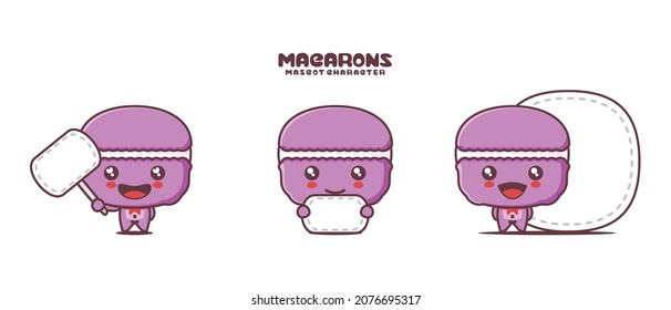 mascota de dibujos animados de macarons vectoriales, con banner de tablero en blanco, aislado en un fondo blanco.