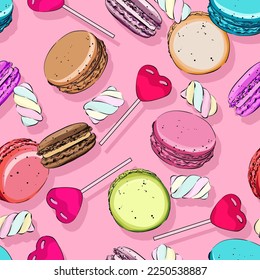 Vector macarons pattern. Marshmallow, lollipop. Delicious sweet background for cafe. Seamless background for printing on fabric, paper, textile