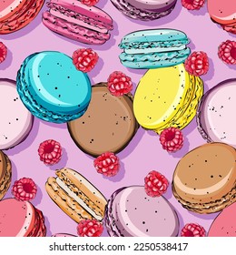 Vector macarons pattern. Raspberry. Delicious sweet background for cafe. Seamless background for printing on fabric, paper, textile