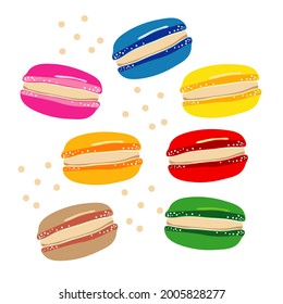 Vector macarons set. Traditional French almond cookies in different colors, isolated vector illustration in cute cartoon and realistic style. Macaroons