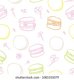 Vector macarons stylish seamless pattern. Romantic yummy macarons vector pattern isolated on white. Macarons vector. Vector macaron illustration. Flat lay food