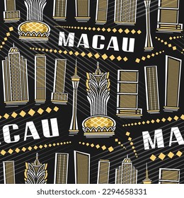 Vector Macau Seamless Pattern, square repeating background with illustration of famous asian macau city scape on dusk background for wrapping paper, decorative line art urban poster with text macau