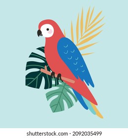 Vektor-Macaw-Parrot-Parakeet-Tropenvogel mit Palmblättern 