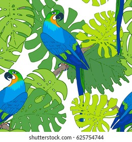 Vector macaw parrot seamless pattern. Animal in the wild hand drawn sketch with beautiful colorful exotic bird sitting on branch with tropical plants and trees leaves