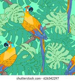 Vector macaw parrot seamless pattern. Animal in the wild hand drawn sketch with beautiful colorful exotic bird sitting on branch with tropical plants and trees leaves