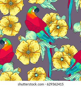 Vector macaw parrot seamless pattern. Animal in the wild hand drawn sketch with beautiful colorful exotic bird sitting on branch with beautiful vivid flowers and leaves