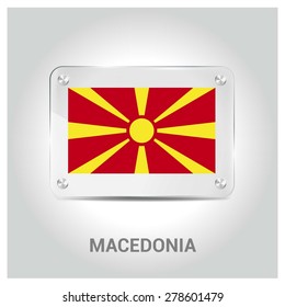Vector Macedonia Flag glass plate with metal holders - Country name label in bottom - Gray background vector illustration