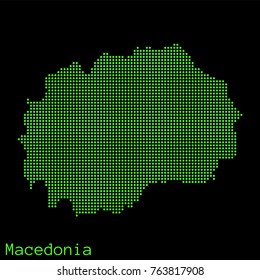 Vector Macedonia map dotted silhouette with green dots on a black background (as on old ancient computers running DOS)