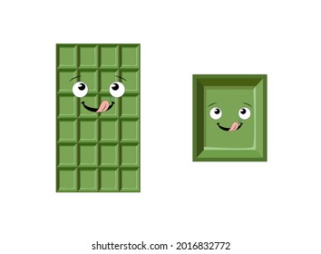 Vector Macha Chocolate with Funny Face Illustration, Green Chocolate Bar Isolated on White Background.
