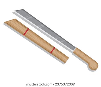 vector of a machete or single-edged sword made of iron with a brown hilt or grip made of wood and a scabbard below which is also made of wood