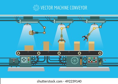 Vector machine conveyor. Machinery industrial factory packaging belt line illustration