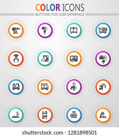 Vector machine tool icons set. Work and factory, production industrial technology, equipment construction illustration