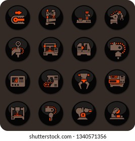 Vector machine tool icons set. Work and factory, production industrial technology, equipment construction illustration