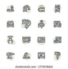 Vector machine tool icons set. Work and factory, production industrial technology, equipment construction illustration